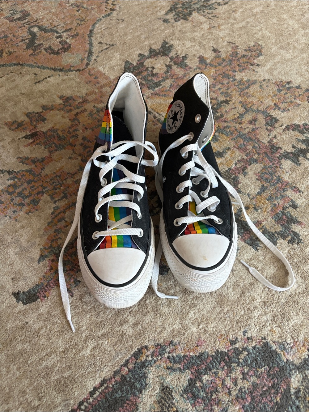 Converse Black High-Top Sneakers with Rainbow Stripe Tongue